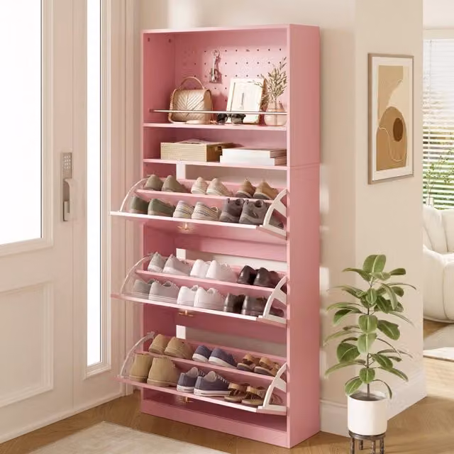 Scarpiera moderna Mivray rosa con 3 vani a ribalta, ripiani aperti e cassetti, L: 80 cm, P: 24 cm, H: 178.5 cm