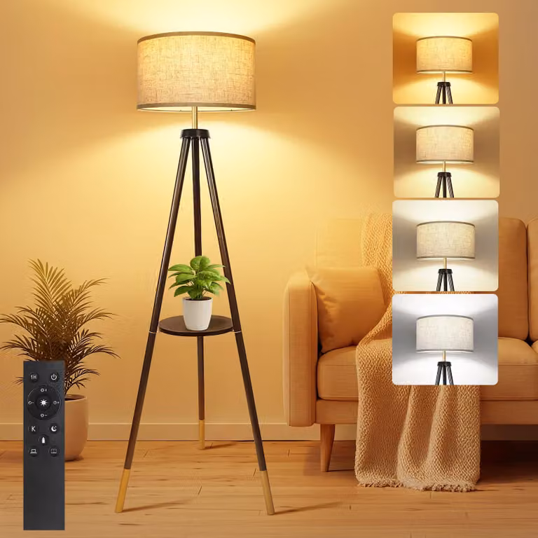 Lampada da terra con base in legno, dimmerabile, 4 temperature di colore, nero e oro