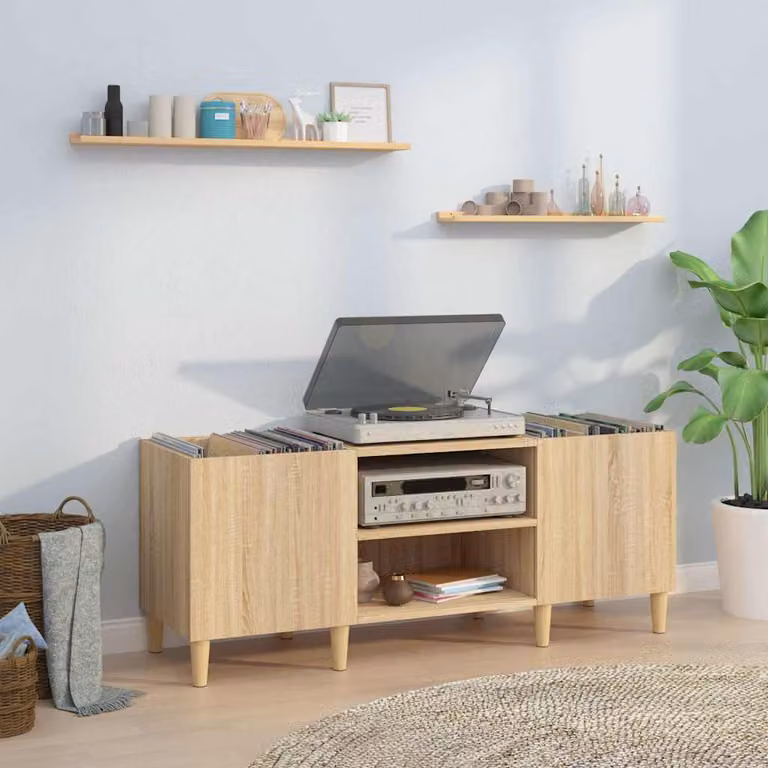 vidaXL Mobile Porta Dischi in Legno Aggregato Rovere Sonoma, Colore Marrone e Beige, L 121 cm x P 38 cm x H 48 cm