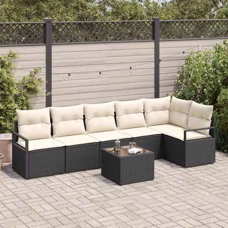 Set di divani da giardino vidaXL in rattan nero con cuscini beige e struttura in acciaio