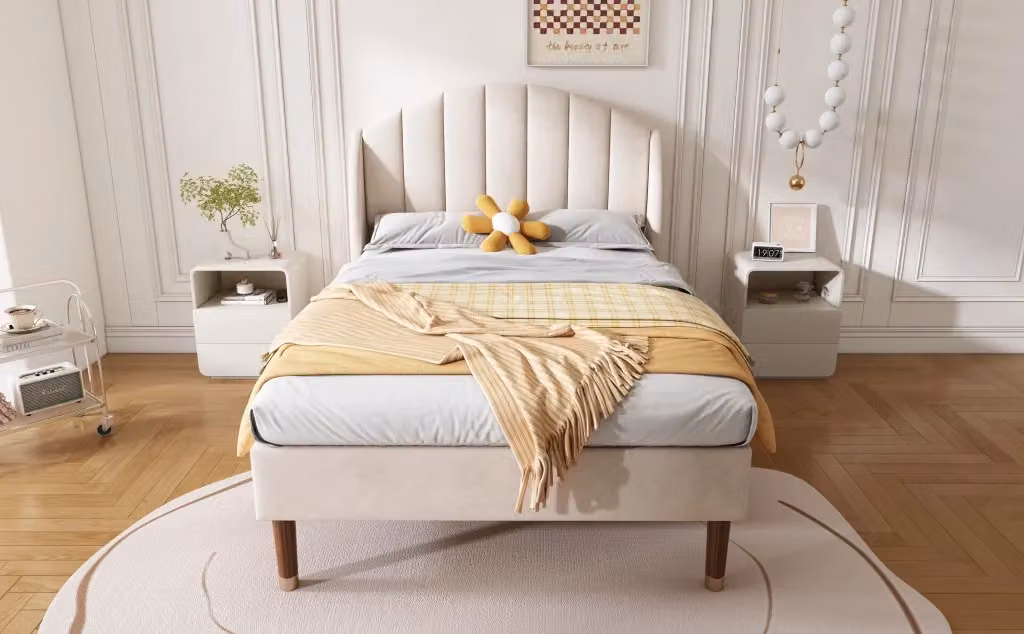 Letto Singolo con Testiera Imbottita in Velluto Beige, L/P/H: 90 x 200 cm, senza Materasso – 2