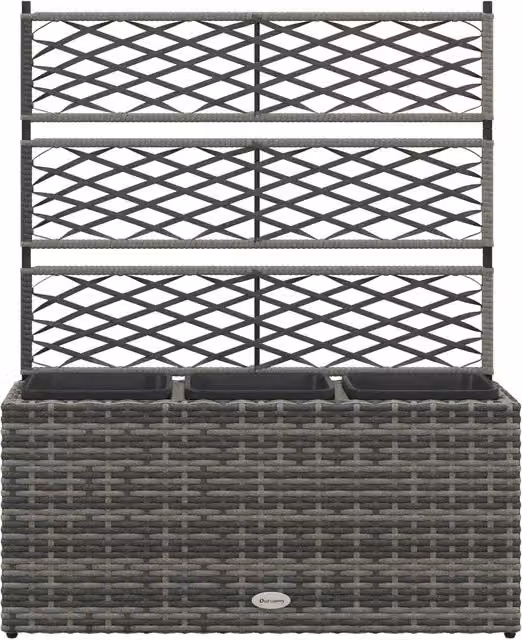 Fioriera con Grigliato per Rampicanti con 3 Vasi 84x30x107 cm in Acciaio e Rattan PE Grigio