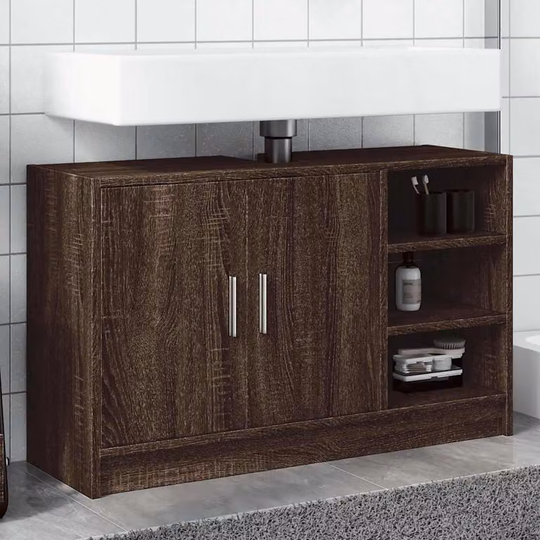 Mobile Lavabo Moderno vidaXL in Rovere Marrone con Ripiano Aperto e Ante a Battente, L 90 x P 29 x H 55 cm