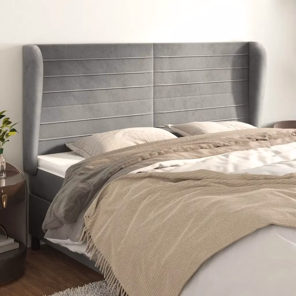 Testata del letto ad orecchio in velluto grigio chiaro L: 163 cm, P: 23 cm, H: 118/128 cm – 2