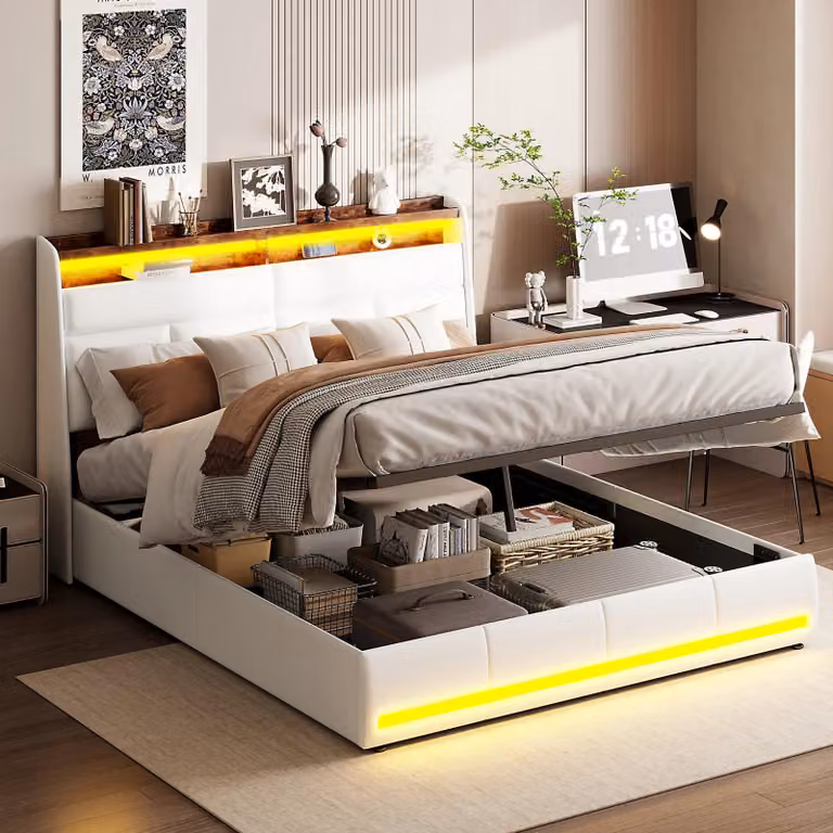 Letto matrimoniale - Letto con illuminazione a LED - Letto contenitore - Letto con porte USB - Letto con sistema idraulico - Bianco, dimensioni 140x200 cm
