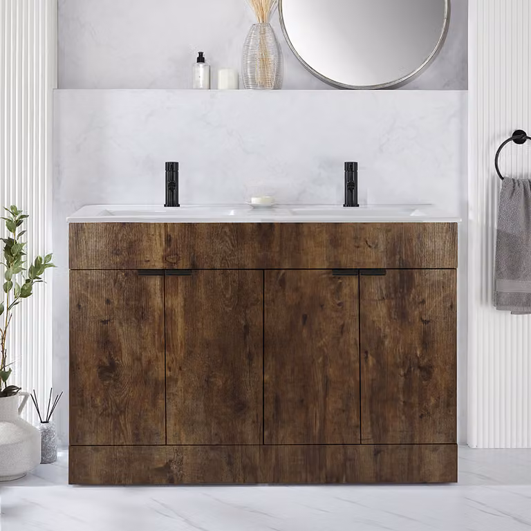 Mobile Bagno a Terra Rovere Scuro da 1210mm con Doppio Lavabo e Maniglie Nere con Impugnatura a Dito - Cluo