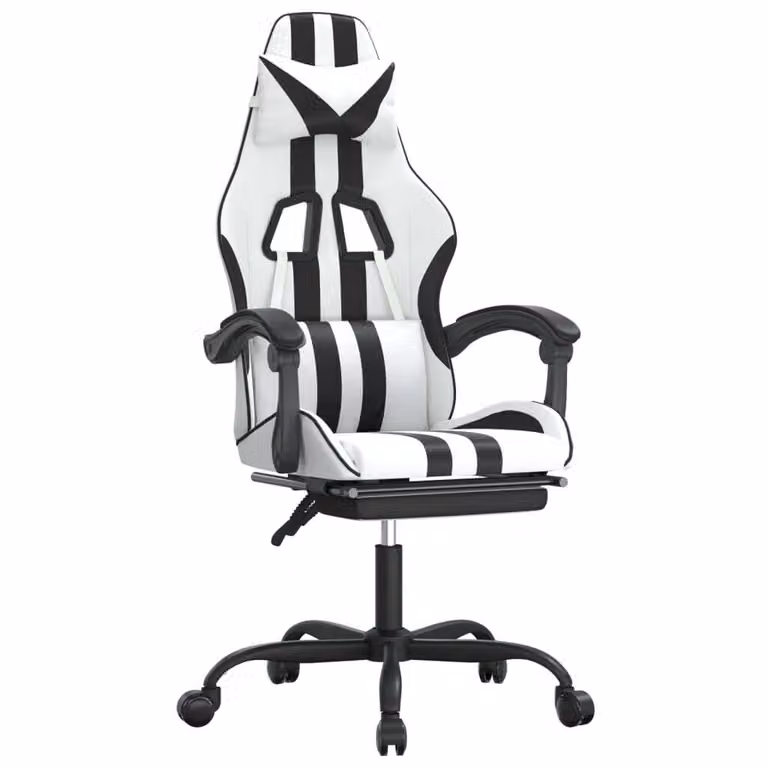 Sedia da Gaming con Poggiapiedi Bianco e Nero in Pelle finta