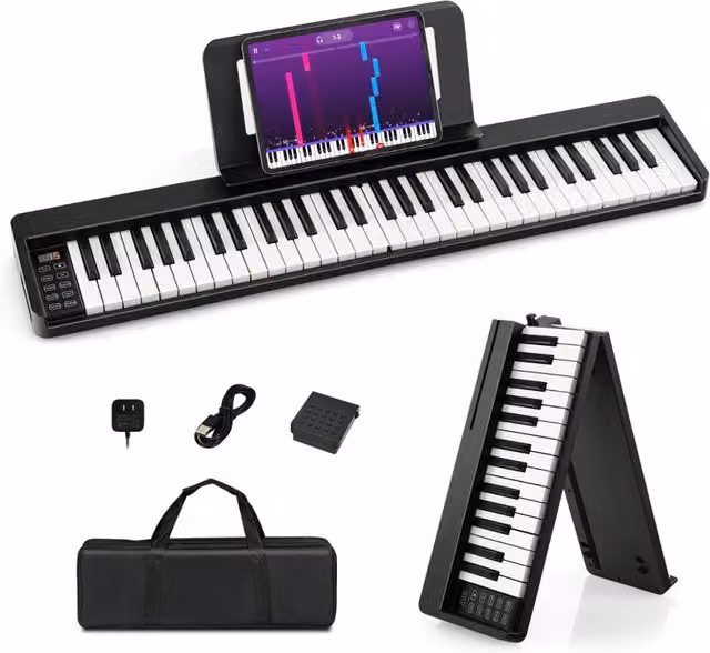 Tastiera elettronica portatile con 61 tasti a grandezza standard, pedale sustain, connessione MIDI, Bluetooth e USB-C, colore Nero con borsa in tessuto inclusa