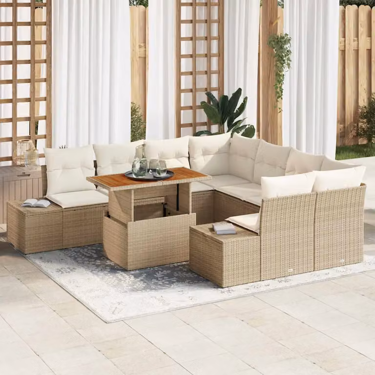 Set Divano da Giardino vidaXL a forma a U composto da 9 pezzi in rattan beige con struttura in metallo e cuscini inclusi