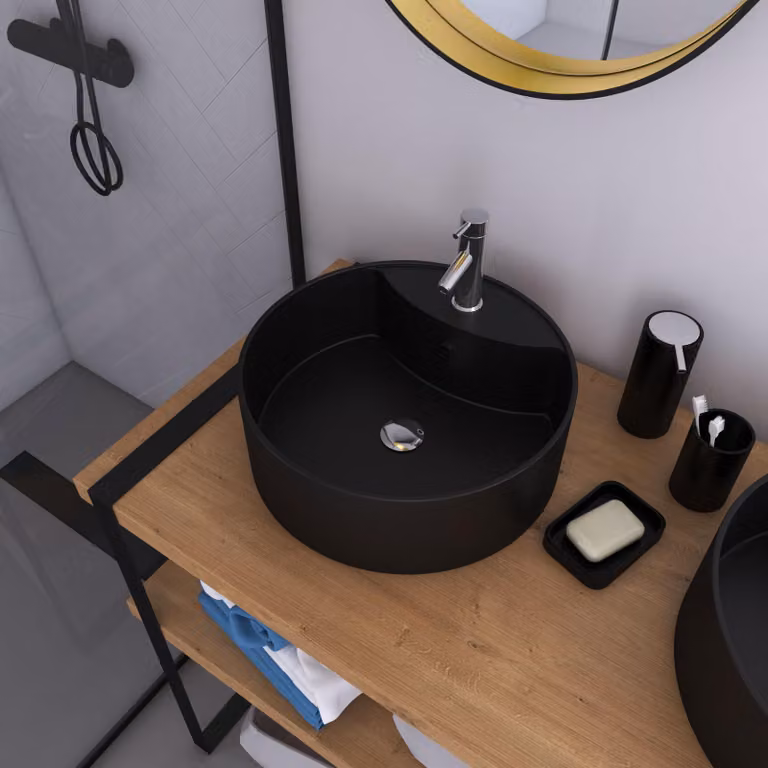 Mobiletta per lavabo, rotonda, in Vetroceramica, nera, diametro 41 cm, altezza 15 cm