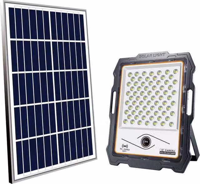 Proiettore a LED PROXE con telecamera, pannello solare da 20W e sensore di movimento, 730 lumen, nero, con connessione WiFi e protezione IP66