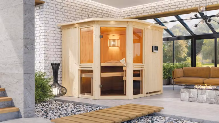 Karibu sauna cabina interna Amelia sauna interna 3 panche in legno con finitura naturale Cabina sauna spessore parete: 68 mm Sauna a infrarossi