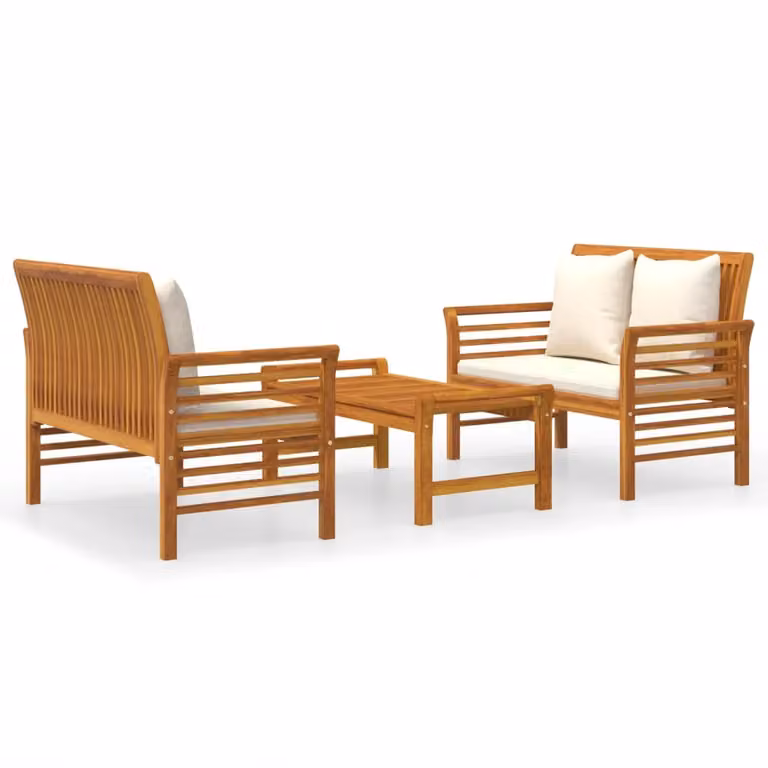 set 3 pezzi da giardino con cuscini in legno massiccio di acacia