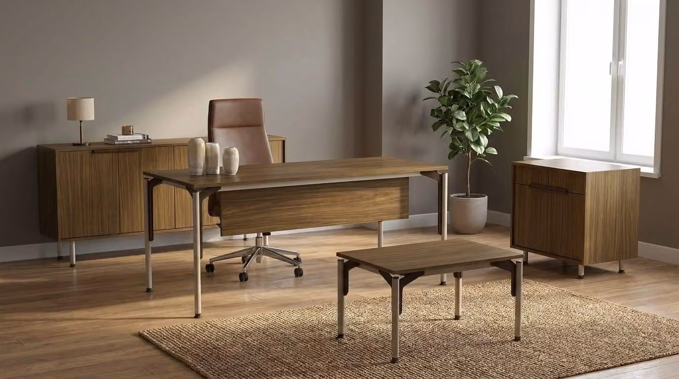 Set da scrivania marrone, design moderno, completo di mobili per l'ufficio