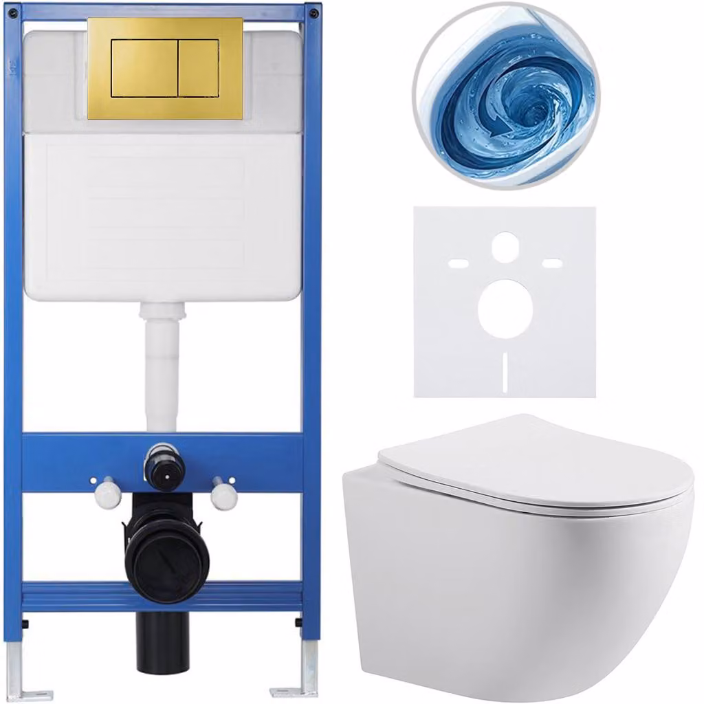 CERANO - Set completo per WC da incasso Lite/Cesso - bianco opaco - pulsante WC Classic, dorato - installazione a parete/cartongesso - 49x36 cm