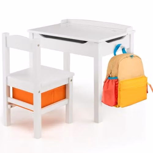 Helloshop26 Ufficio e sedia per bambini, 59 x 40 x 55 cm, con pratico deposito in stile moderno, in legno massello, bianco 20_0014089