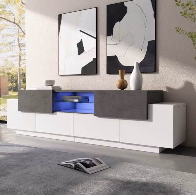 Mobile TV LED 180 cm in pannello truciolare e vetro temperato; bianco e grigio