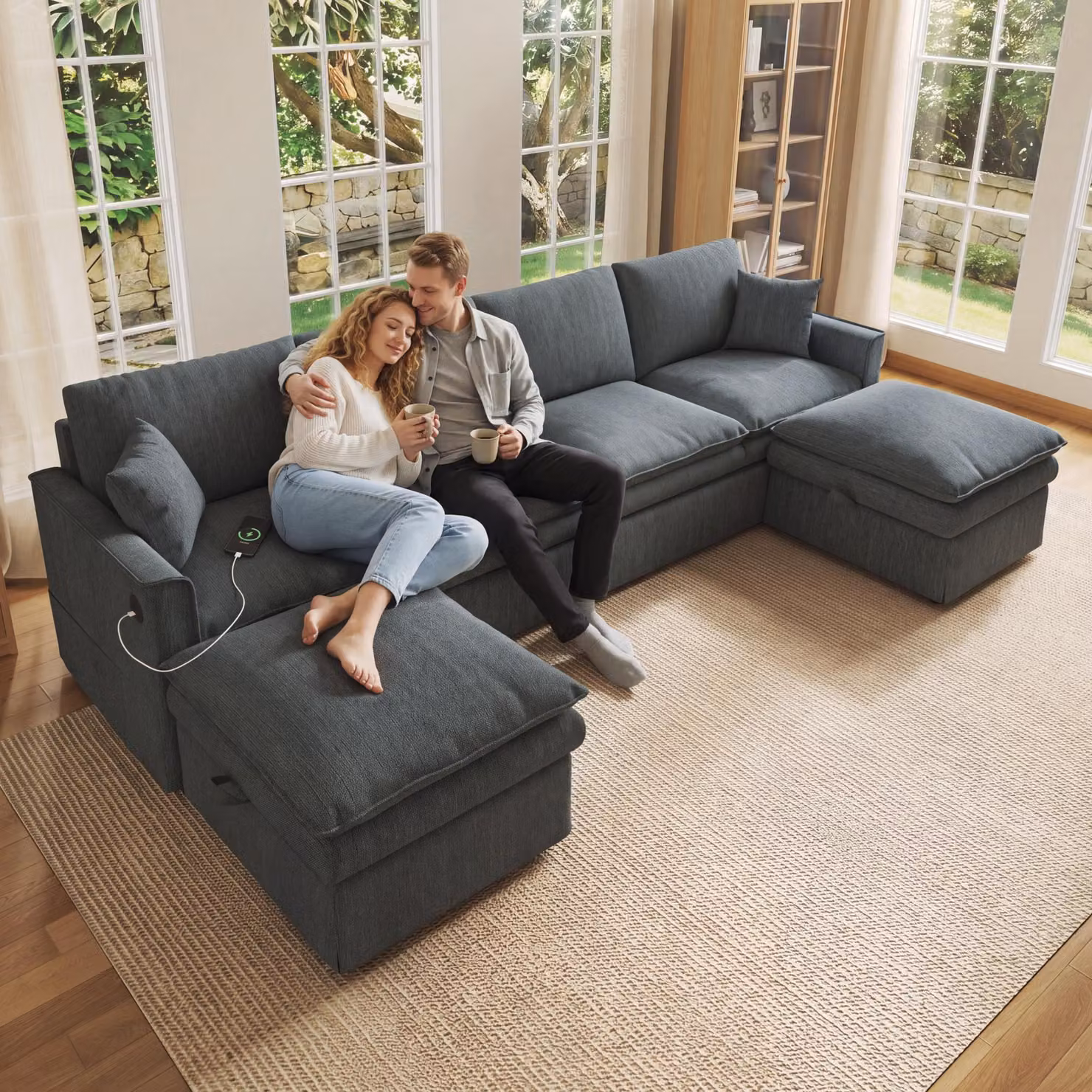 Divano angolare a forma di U o L, 6 posti, 2 poggiapiedi con spazio contenitore, 2 cuscini, tessuto in cotone e lino, dimensioni 277x80x135 cm