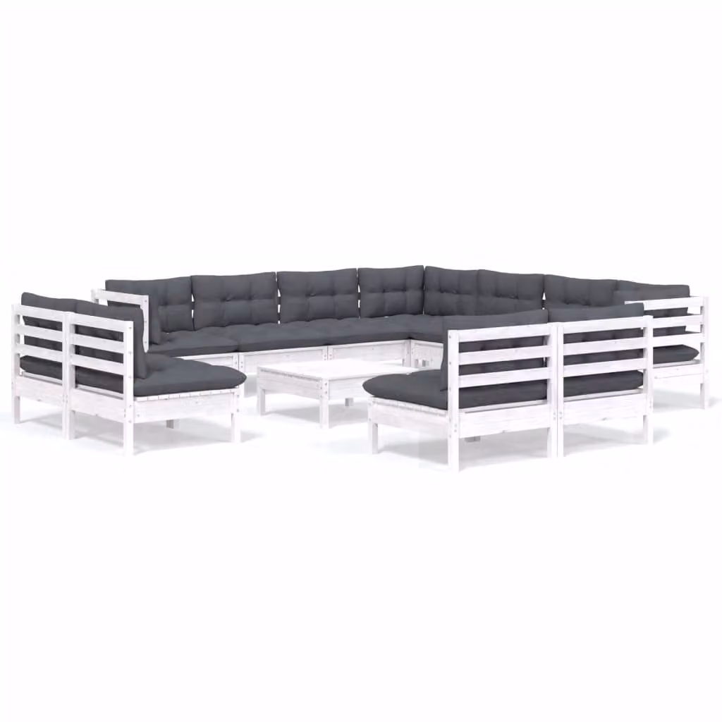Set Divani da Giardino 12 pz con Cuscini Bianchi Legno di Pino