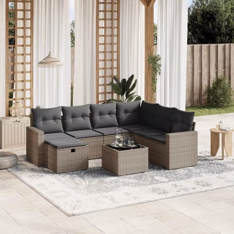 vidaXL Set Divano da Giardino a L 8 pz con Cuscini Grigio in Polyrattan e Struttura in Acciaio