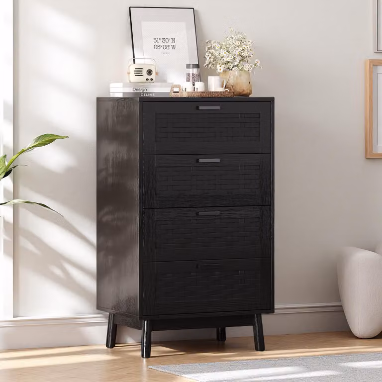 UnboxG Comò con 4 cassetti Nero, Comò in legno massello, Armadio contenitore per camera da letto, soggiorno, corridoio, 55x39,5x95 cm