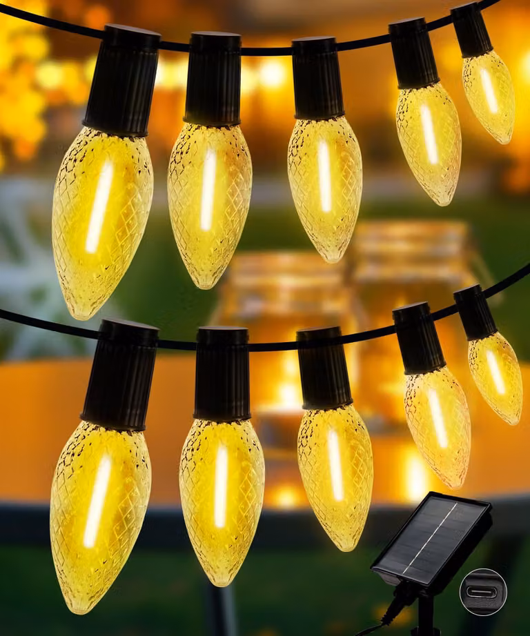 Catena luminosa solare, 10 metri, 10 LED, 8 modalità, grado di protezione IP65, luce bianco caldo