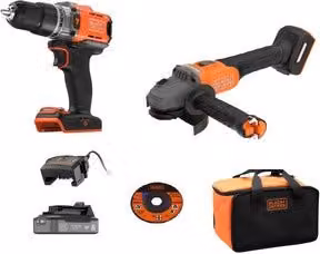 Kit Black+Decker con Trapano Percussore e Smerigliatrice 18V con Accessori, Nero e Arancione