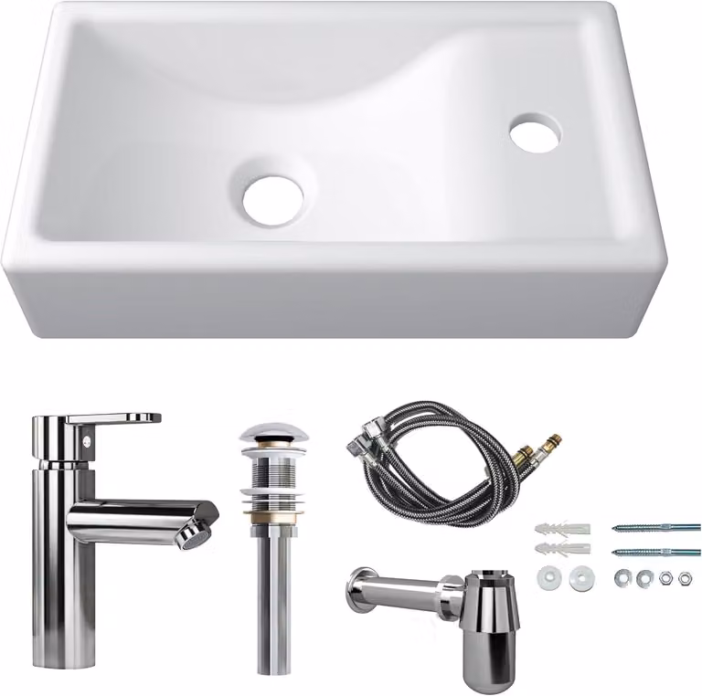 Lavabo 41 x 23 x 10 cm. Mini lavabo, lavabo da parete, in Vetroceramica, piccolo, foro rubinetto a destra, completo di rubinetto e sistema di scarico