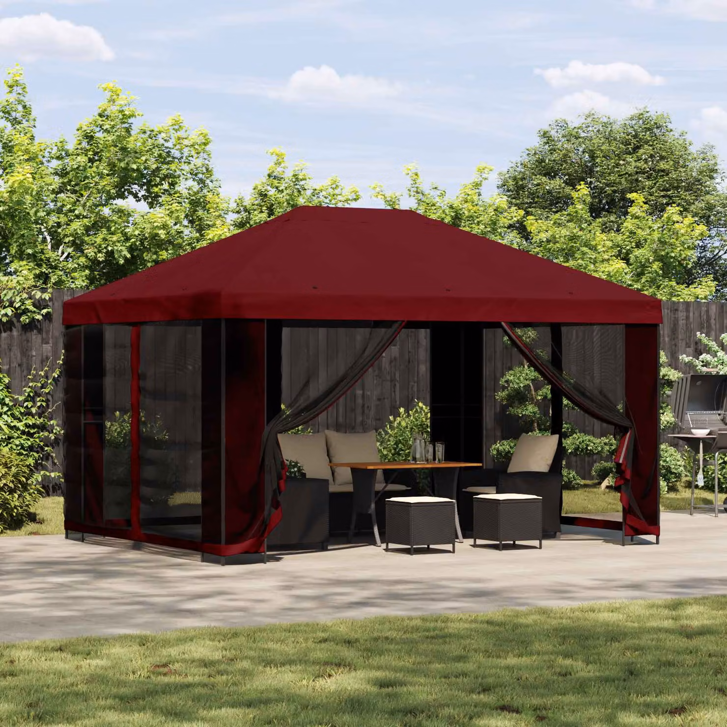 Gazebo da giardino vidaXL con pareti laterali in poliestere e struttura in acciaio zincato, Rosso e Nero, L 400 x P 300 x H 276,5 cm