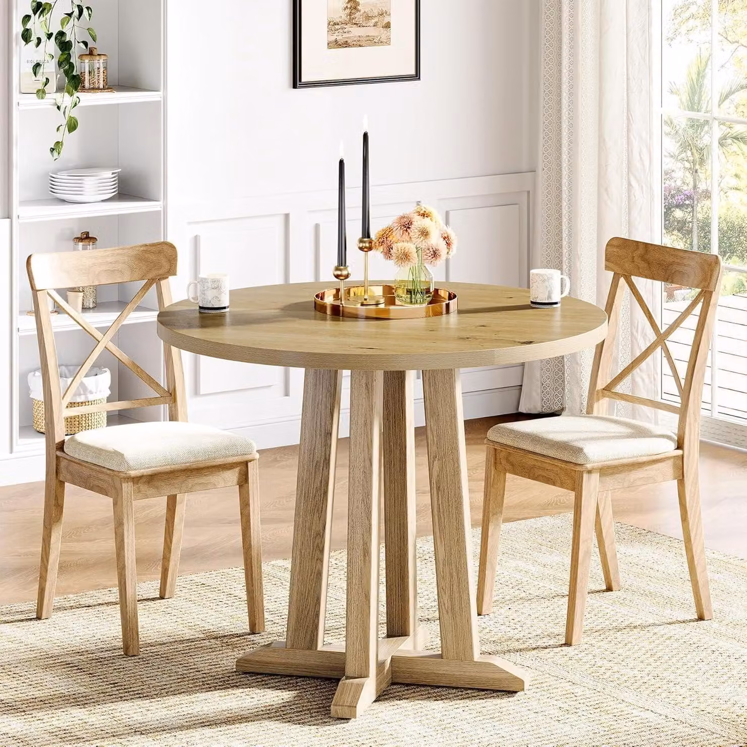 Tavolo rotondo da pranzo, diametro 80 cm, colore legno naturale, adatto per 2-4 persone