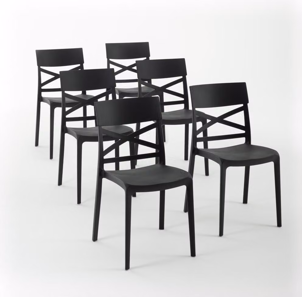 set di 6 sedie impilabili in polipropilene con fibra di vetro per uso esterno e giardino, bar e ristorante, cucina design moderno - MARTINA - Nero