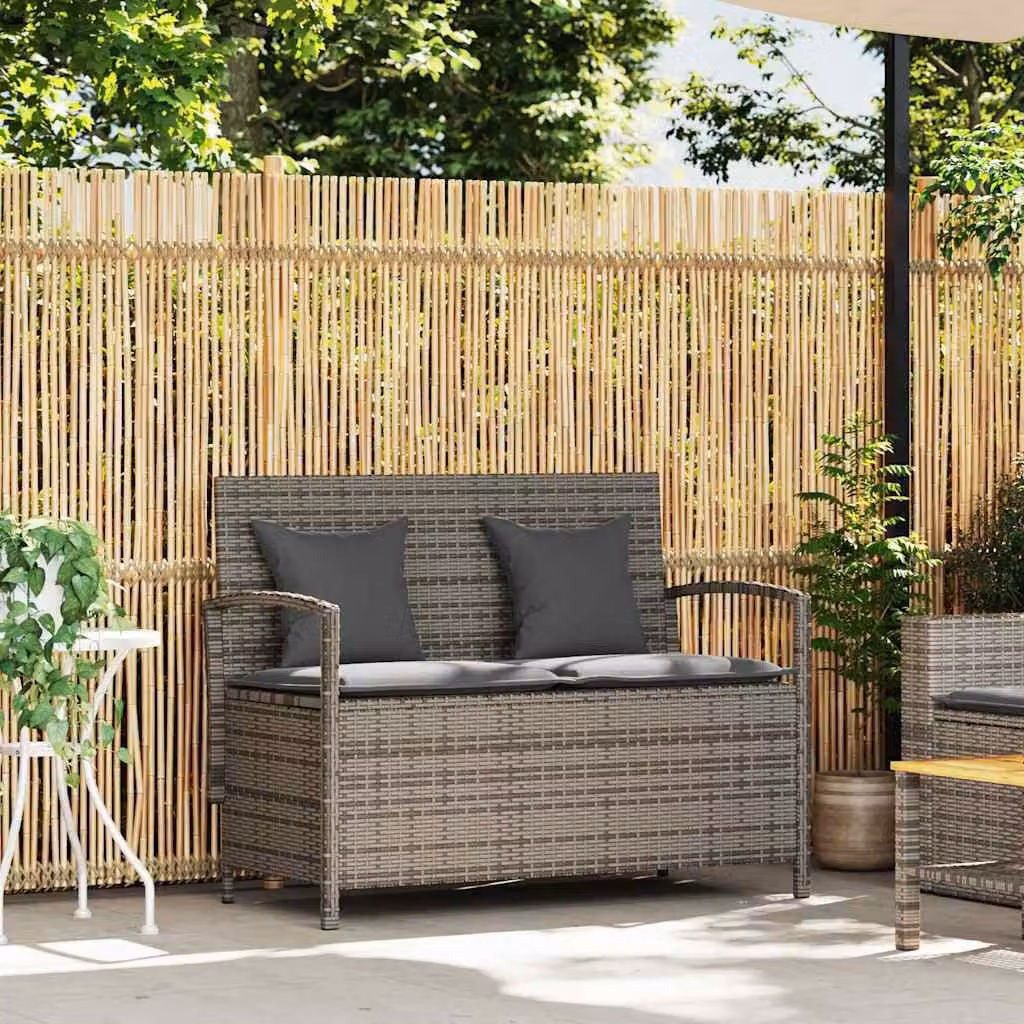 Panca Portaoggetti da Giardino con Cuscino Grigio in Polyrattan