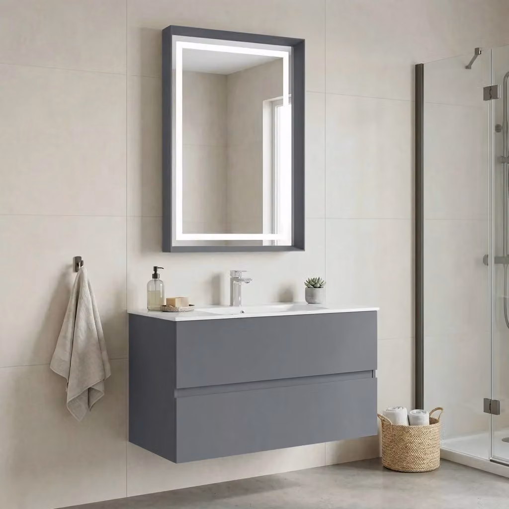 Set mobile lavabo con specchio Nest 91 v2 HANAH HOME, Grigio opaco, L: 91 cm, P: 51 cm, H: 55 cm – 2