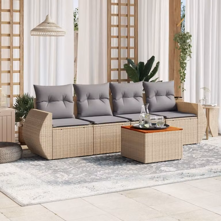 Set Divano da Giardino vidaXL 5 pz in Polyrattan Beige con Cuscini e Tavolino