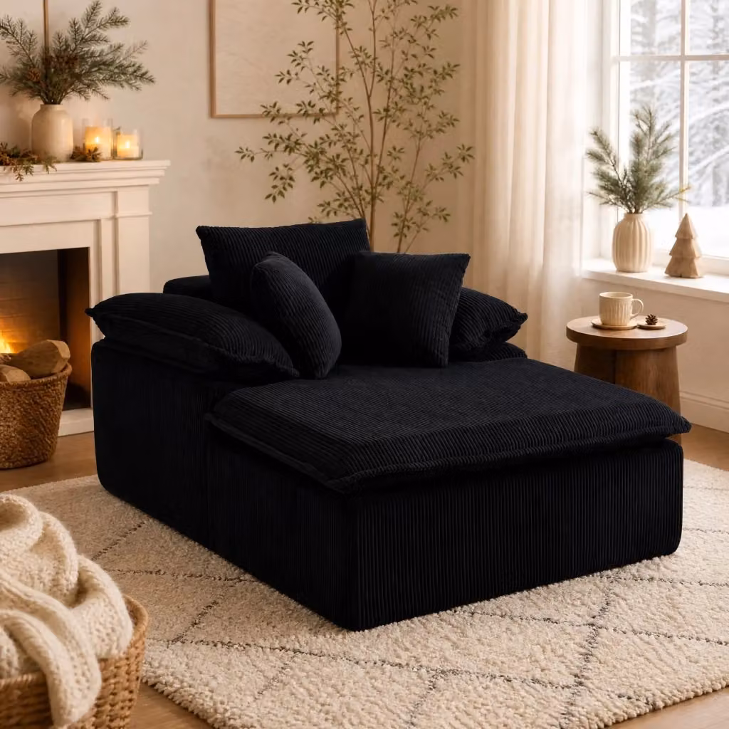 Divano moderno Mivray in velluto a coste nero con braccioli larghi e cuscini inclusi, L/P/H: 122 x 92 x 177 cm – 2