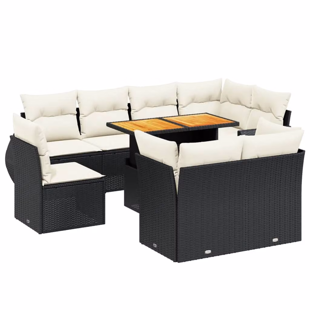 Set Divani da Giardino 9 pz con Cuscini Nero in Polyrattan