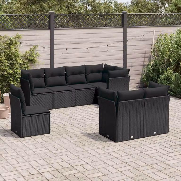 vidaXL Set Divani da Giardino in Polyrattan Nero con 8 Cuscini e Coperture Rimovibili