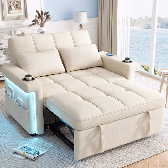 Divano letto 145 cm con schienale regolabile LED USB e portaoggetti; ciniglia; beige