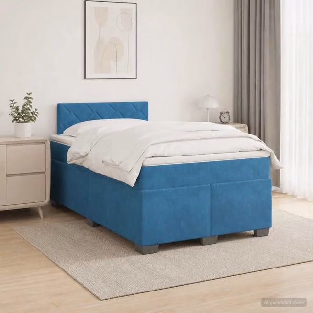 Letto box spring con materasso ibrido vidaXL in velluto blu scuro e bianco L/P: 120 x 200 cm