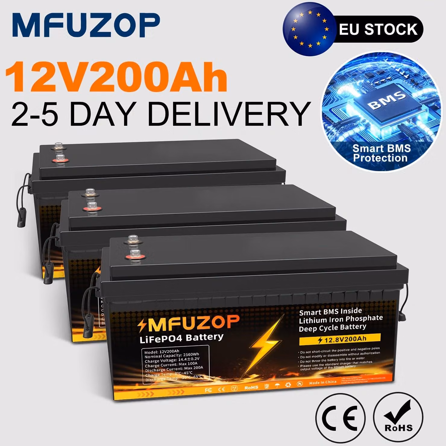 Batteria agli ioni di litio LiFePO4 da 12V e 200Ah, con una capacità di 2560Wh e un sistema di gestione della batteria (BMS) integrato da 200A, ideale per sistemi off-grid