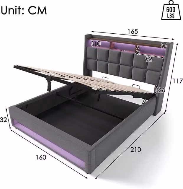 Letto a cassettoni imbottito - Xylo - 160x200 cm - Grigio - USB LED per adolescenti