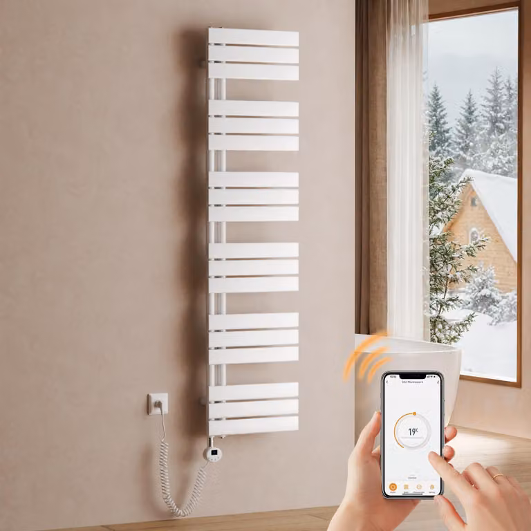 Asciugabiancheria elettrico da parete, dimensioni 1599 x 400 mm, 800 W, colore bianco, radiatore per bagno con termostato, Wi-Fi, timer programmabile e display LCD – S'AFIELINA