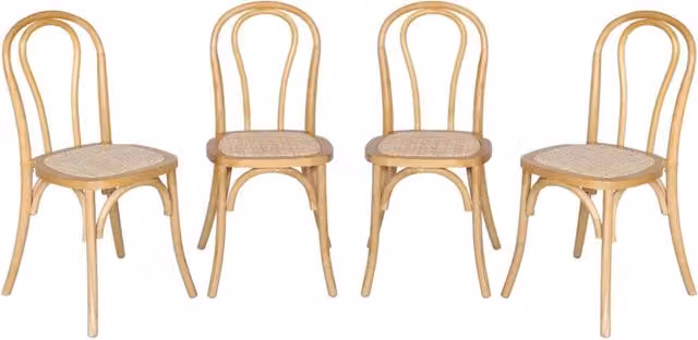 Set 4 sedie vintage in legno e rattan, marrone naturale