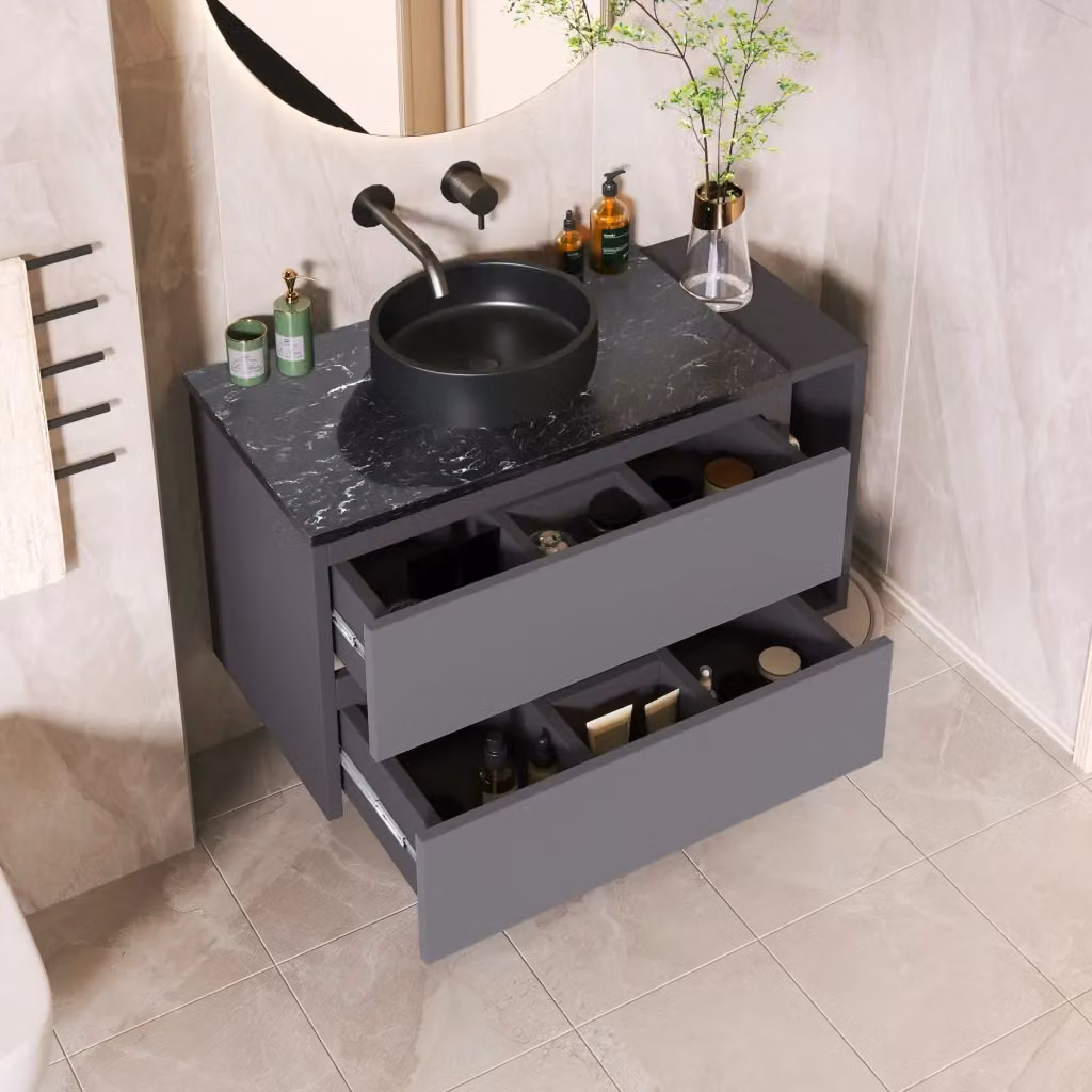 Set mobile bagno moderno REDOM sospeso con lavabo in pietra, colore nero e grigio, larghezza: 80 cm – 2