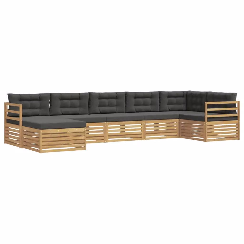 Set di divani da esterno vidaXL a forma di L composto da 7 pezzi con pouf e cuscini, struttura in legno di acacia e tessuto bianco e antracite – 2