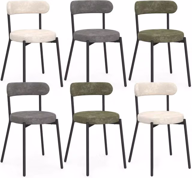 Set di 6 sedie rotonde MIKI IDMarket in tessuto ciniglia con gambe in metallo, colori verde, ecrù e grigio chiaro – 1