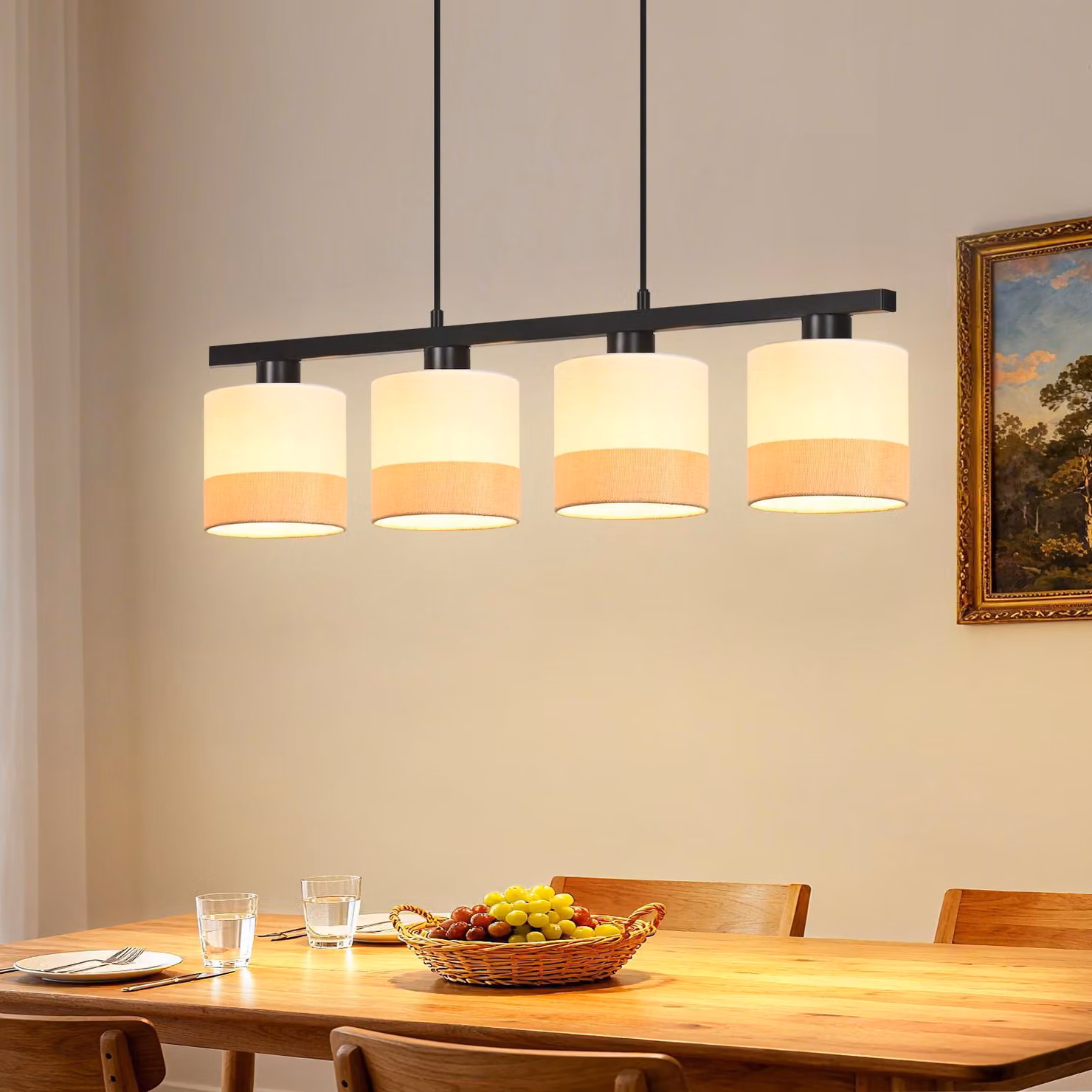 ZMH Lampada a sospensione a 4 fiamme Lampada a sospensione per tavolo da pranzo Lampada da tavolo da pranzo in tessuto Lampada a sospensione E27 Lampada a sospensione regolabile in altezza per sala da pranzo Lampada a sospensione per cucina