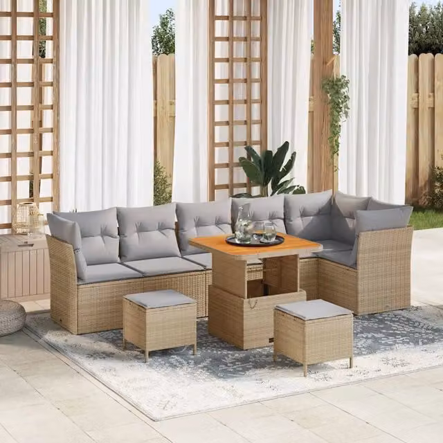 Set Divano da Giardino con cuscino 9 pcs beige e grigio chiaro