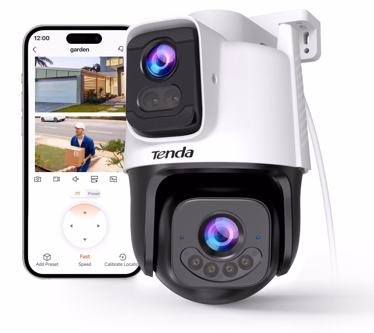 Telecamera di sorveglianza da esterno per tende, con doppia lente, videocamera Wi-Fi esterna 2K+2K con funzionalità PTZ (pan-tilt-zoom)