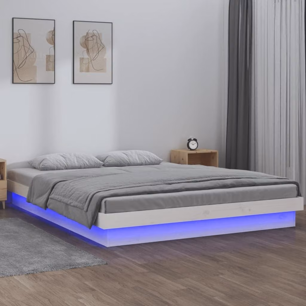 The Living Store Letto in legno massiccio con LED Bianco 140x190 cm